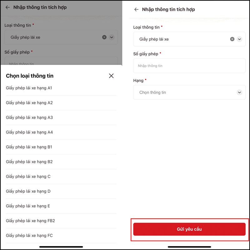 Bước 3: Điền đầy đủ th&ocirc;ng tin như số giấy ph&eacute;p hay giấy ph&eacute;p l&aacute;i xe, hạng của giấy ph&eacute;p l&aacute;i xe v&agrave;o nh&eacute; > Nhấn Gửi y&ecirc;u cầu v&agrave; đợi kết quả trả về l&agrave; bạn đ&atilde; c&oacute; thể t&iacute;ch hợp giấy tờ v&agrave;o VNeID xong rồi đ&oacute;. T&ugrave;y theo t&igrave;nh trạng hồ sơ m&agrave; qu&aacute; tr&igrave;nh x&eacute;t duyệt sẽ nhanh hoặc l&acirc;u, nhưng trung b&igrave;nh l&agrave; từ 1 đến 3 ng&agrave;y. 