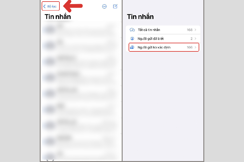 Bấm vào Bộ lọc > Người gửi không xác định Bấm vào Bộ lọc > Người gửi không xác định
