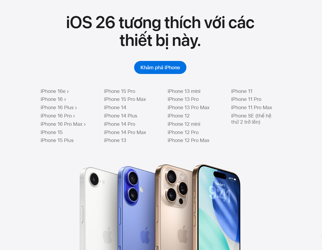 Danh s&aacute;ch thiết bị hỗ trợ iOS 26.1