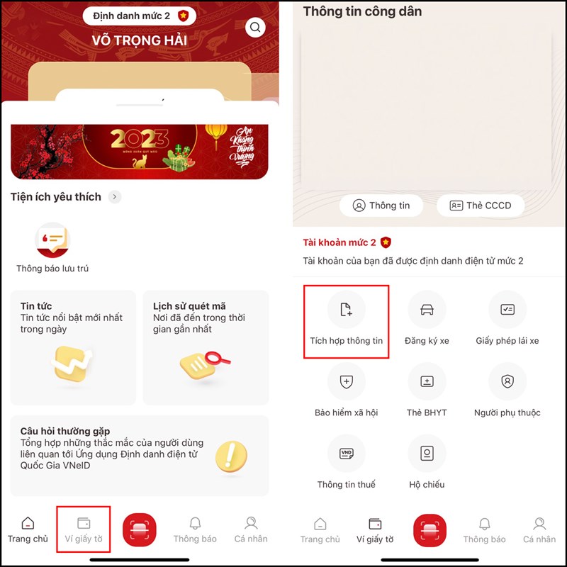 Hướng dẫn c&aacute;ch t&iacute;ch hợp giấy tờ v&agrave;o VNeID