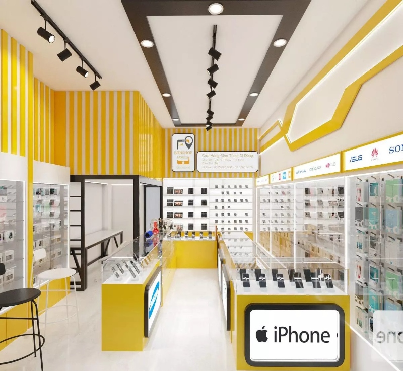 Kh&ocirc;ng gian nhỏ vẫn thiết kế được shop điện thoại đẹp, bố cục h&agrave;i h&ograve;a