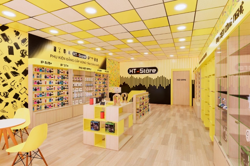 Showroom điện thoại sử dụng gam m&agrave;u v&agrave;ng bắt mắt