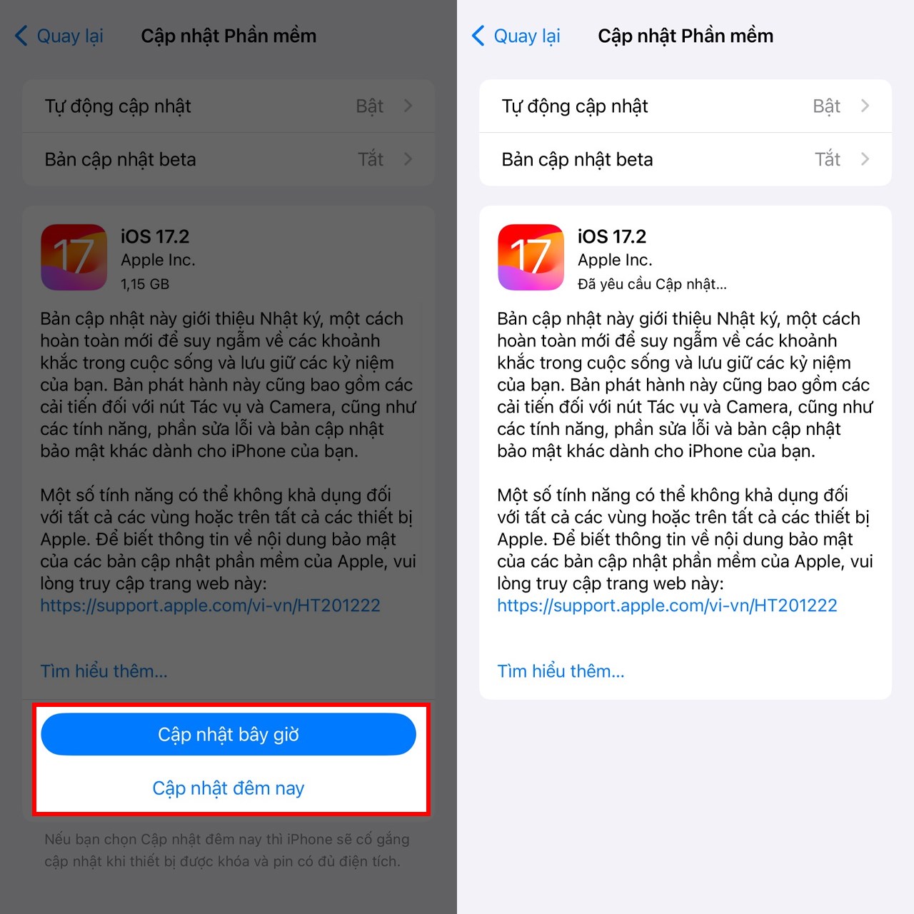 n&acirc;ng cấp ios 17.2.1